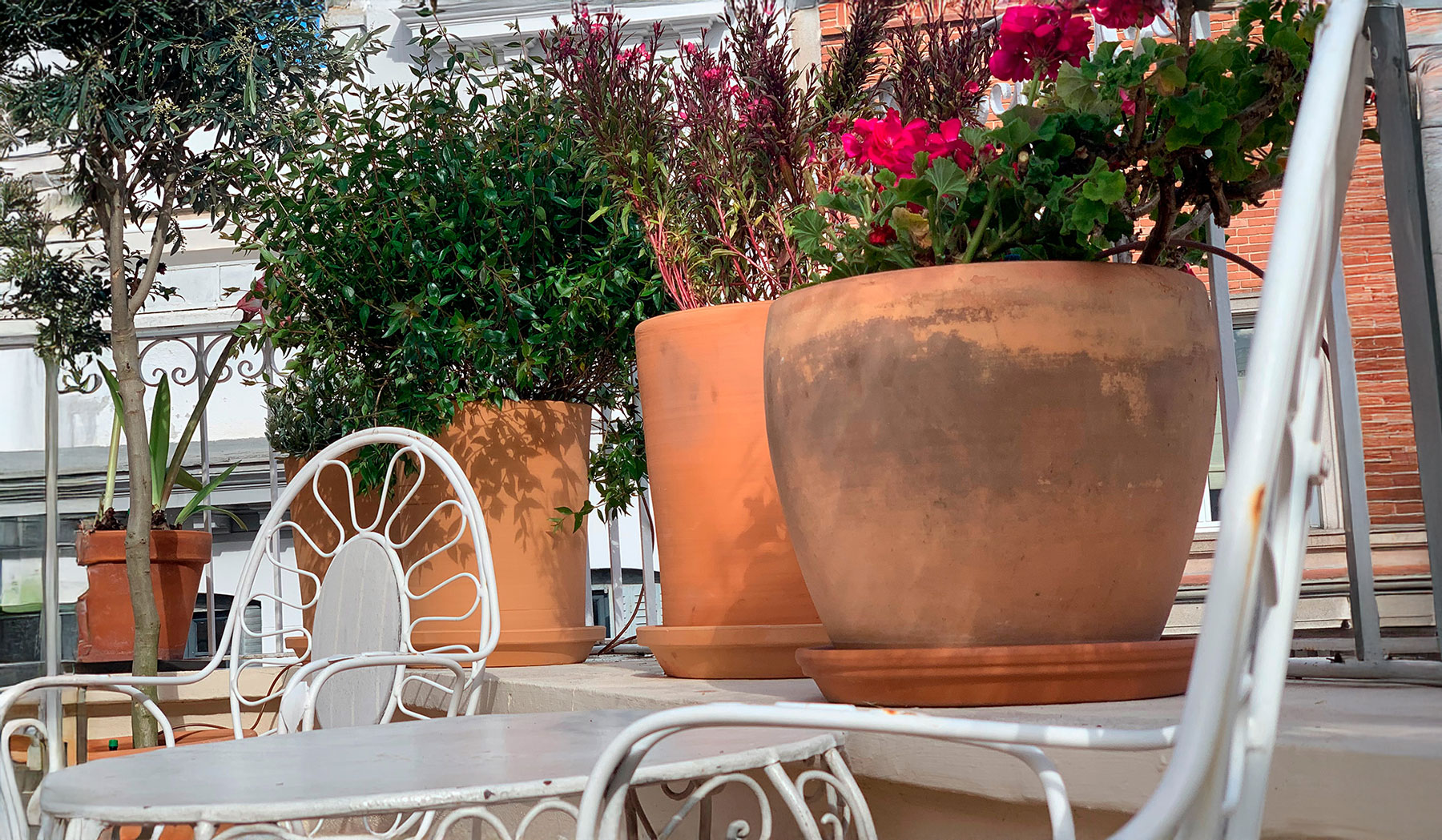 Maceteros de terracota en terraza con diseño Feng Shui.