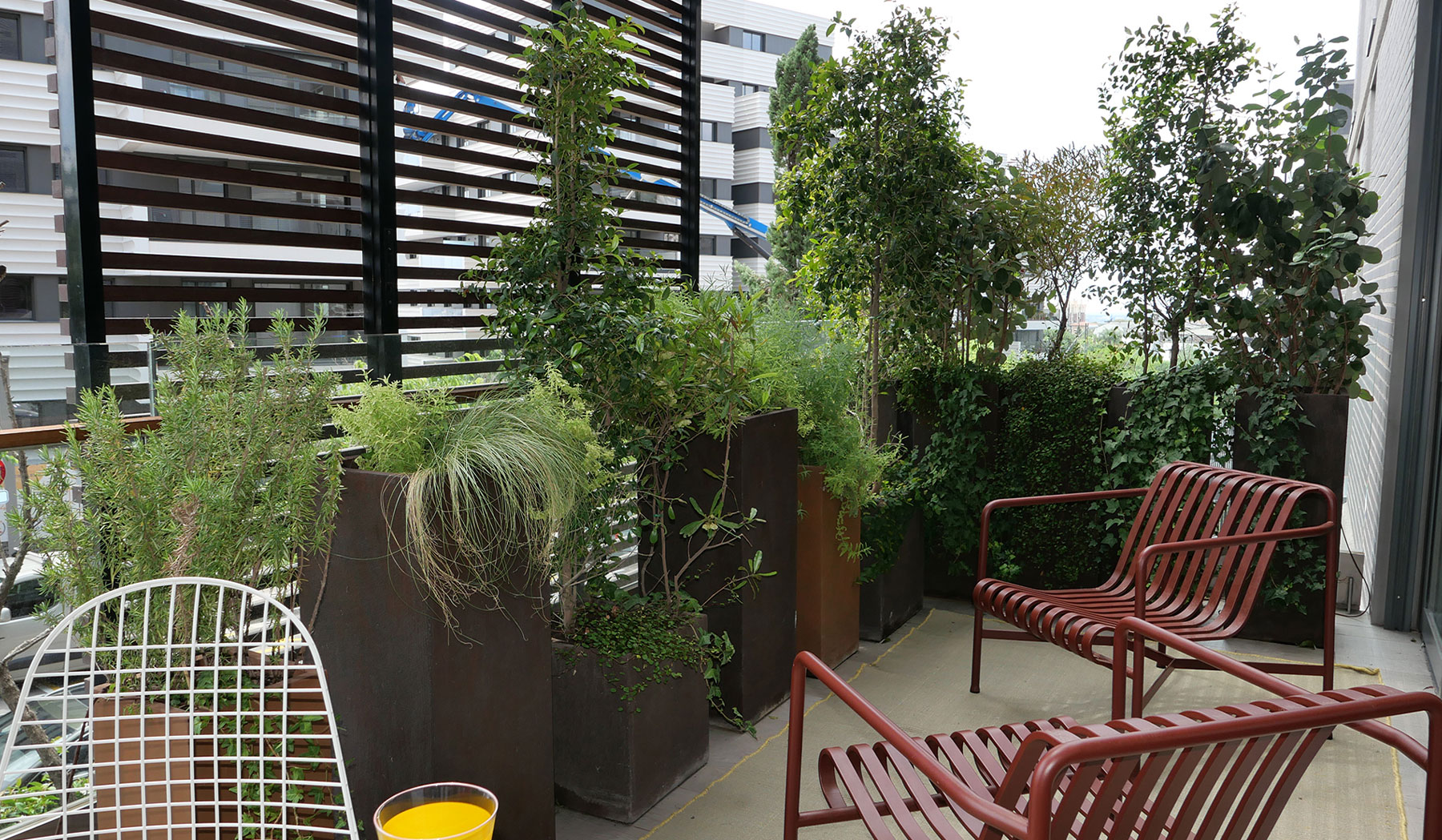 Detalle de jardineras altas con plantas estructurales y gramíneas.