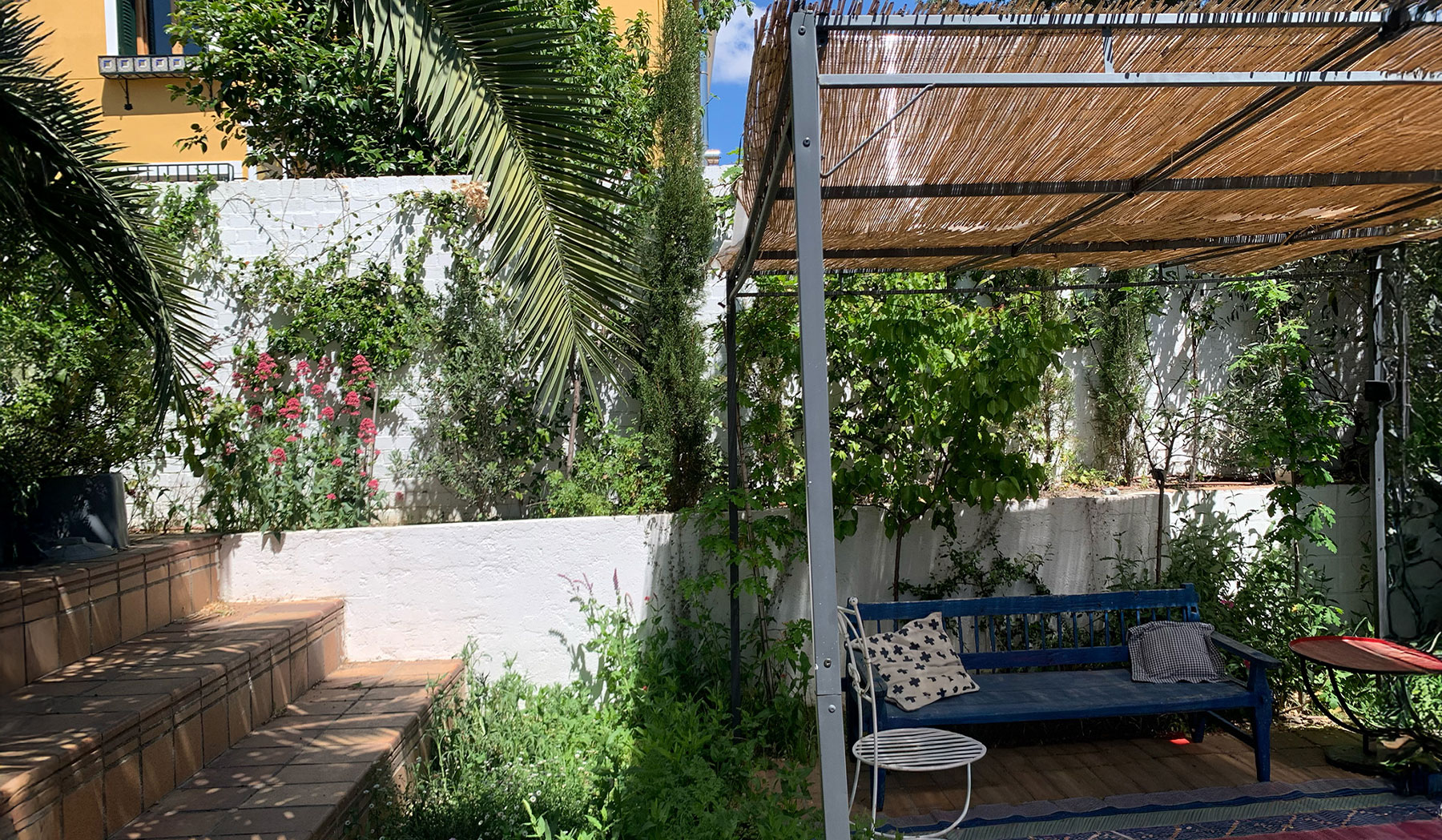 Pérgola de madera en jardín moderno con diseño de iluminación.
