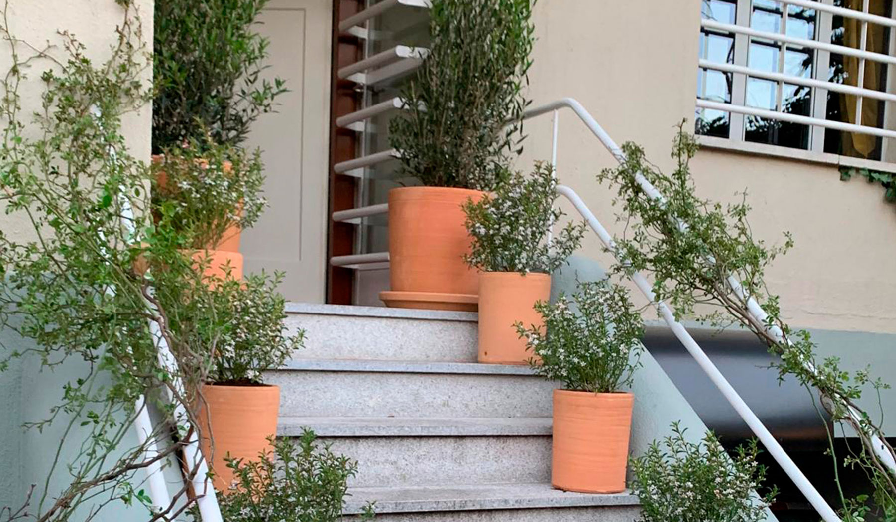 Escaleras exteriores con macetas integradas en proyecto de paisajismo.